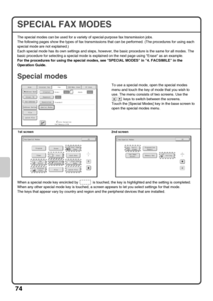 Page 7674
SPECIAL FAX MODES
The special modes can be used for a variety of special-purpose fax transmission jobs.
The following pages show the types of fax transmissions that can be performed. (The procedures for using each 
special mode are not explained.)
Each special mode has its own settings and steps, however, the basic procedure is the same for all modes. The 
basic procedure for selecting a special mode is explained on the next page using Erase as an example.
For the procedures for using the special...