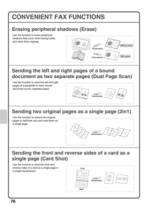 Page 7876
CONVENIENT FAX FUNCTIONS
Erasing peripheral shadows (Erase)
Sending the left and right pages of a bound 
document as two separate pages (Dual Page Scan)
Sending two original pages as a single page (2in1)
Sending the front and reverse sides of a card as a 
single page (Card Shot)
Use this function to erase peripheral 
shadows that occur when faxing books 
and other thick originals.
Use this function to send the left and right 
pages of a pamphlet or other bound 
document as two separate pages.
Use this...