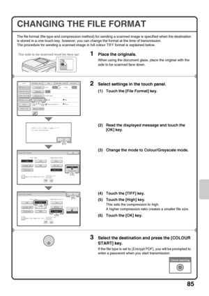 Page 8785
CHANGING THE FILE FORMAT
The file format (file type and compression method) for sending a scanned image is specified when the destination 
is stored in a one-touch key; however, you can change the format at the time of transmission.
The procedure for sending a scanned image in full colour TIFF format is explained below.
1Place the originals.
When using the document glass, place the original with the 
side to be scanned face down.
2Select settings in the touch panel.
(1) Touch the [File Format] key....