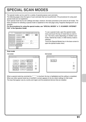 Page 9391
SPECIAL SCAN MODES
The special modes can be used for a variety of special-purpose scan send jobs.
The following pages show the types of scan send jobs that can be performed. (The procedures for using each 
special mode are not explained.)
Each special mode has its own settings and steps, however, the basic procedure is the same for all modes. The 
basic procedure for selecting a special mode is explained on the next page using Suppress Background as an 
example.
For the procedures for using the...