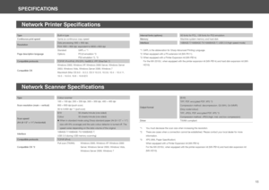 Page 18SPECIFICATIONS
18
TypeBuilt-in type
Continuous print speedSame as continuous copy speed
ResolutionData processing: 600 × 600 dpi, 
Print: 600 × 600 dpi, equivalent to 9600 x 600 dpi
Page description language
Standard SAPL-c *1
Options PCL6 emulation *3
 PS3 emulation *2, *3
Compatible protocolsTCP/IP, IPv4/IPv6, IPX/SPX, NetBEUI, IPP, EtherTalk *2
Compatible OS
Windows 2000, Windows XP, Windows 2000 Server, Windows Server 
2003, Windows Vista, Windows Server 2008, Windows 7
Macintosh (Mac OS 9.0 ~ 9.2.2,...