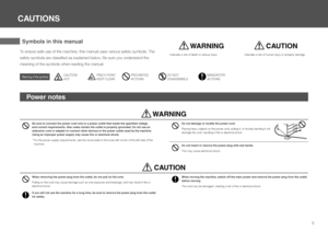Page 55
CAUTIONS
Symbols in this manual
To ensure safe use of the machine, this manual uses various safety symbols. The \
safety symbols are classified as explained below. Be sure you understand the 
meaning of the symbols when reading the manual.
 WARNING
Indicates a risk of death or serious injury.
 CAUTION
Indicates a risk of human injury or property damage.
When moving the machine, switch off the main power and remove the power plug from the outlet before moving.
The cord may be damaged, creating a risk...