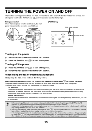 Page 1413
TURNING THE POWER ON AND OFF
The machine has two power switches. The main power switch is at the lower left after the front cover is opened. The 
other power switch is the [POWER] key ( ) on the operation panel at the top right.
Main power switch
When the main power switch is switched on, the main 
power indicator on the operation panel lights up.[POWER] key
Turning on the power
(1) Switch the main power switch to the On position.
(2) Press the [POWER] key ( ) to turn on the power.
Turning off the...