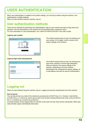 Page 1513
USER AUTHENTICATION
When user authentication is enabled in the system settings, you must log in before using the machine. User 
authentication is initially disabled.
When you have finished using the machine, log out.
User authentication methods
There are two methods for performing user authentication: login by user number and login by login name and 
password. Ask the administrator of the machine for the information that is required to log in.
For more information on user authentication, see USER...