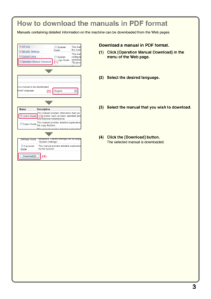 Page 53
How to download the manuals in PDF format
Manuals containing detailed information on the machine can be downloaded from the Web pages.
Download a manual in PDF format.
(1) Click [Operation Manual Download] in the 
menu of the Web page.
(2) Select the desired language.
(3) Select the manual that you wish to download.
(4) Click the [Download] button.
The selected manual is downloaded.
(1)
(2)
(4)
(3)
Downloaded From ManualsPrinter.com Manuals 