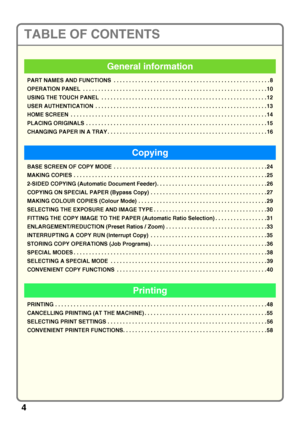 Page 64
TABLE OF CONTENTS
PART NAMES AND FUNCTIONS  . . . . . . . . . . . . . . . . . . . . . . . . . . . . . . . . . . . . . . . . . . . . . . . . . . . 8
OPERATION PANEL  . . . . . . . . . . . . . . . . . . . . . . . . . . . . . . . . . . . . . . . . . . . . . . . . . . . . . . . . . . . . 10
USING THE TOUCH PANEL  . . . . . . . . . . . . . . . . . . . . . . . . . . . . . . . . . . . . . . . . . . . . . . . . . . . . . .12
USER AUTHENTICATION  . . . . . . . . . . . . . . . . . . . . . . . . . . . . . . . . ....