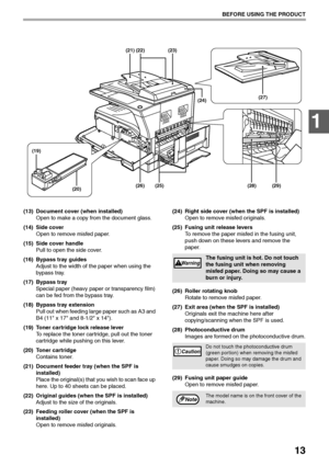 Page 1513
BEFORE USING THE PRODUCT
1
(13) Document cover (when installed)
Open to make a copy from the document glass.
(14) Side cover
Open to remove misfed paper.
(15) Side cover handle
Pull to open the side cover.
(16) Bypass tray guides
Adjust to the width of the paper when using the 
bypass tray.
(17) Bypass tray
Special paper (heavy paper or transparency film) 
can be fed from the bypass tray.
(18) Bypass tray extension
Pull out when feeding large paper such as A3 and 
B4 (11 x 17 and 8-1/2 x 14).
(19)...