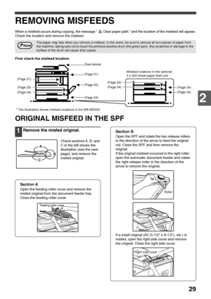 Page 3129
2
REMOVING MISFEEDS
When a misfeed occurs during copying, the message  Clear paper path. and the location of the misfeed will appear.
Check the location and remove the misfeed.
First check the misfeed location.
* The illustration shows misfeed locations in the MX-M200D.
ORIGINAL MISFEED IN THE SPF
1Remove the misfed original.
Check sections A, B, and 
C in the left shows the 
illustration (see the next 
page), and remove the 
misfed original.
Section A
Open the feeding roller cover and remove the...