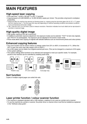 Page 1210
MAIN FEATURES
High-speed laser copying
 First-copy time*1 at 600 x 300 dpi*2 is only 7.2 seconds.
  Copying speed  is  20  (MX-M200D)  or  16 (MX-M160D) copies  per  minute. This  provides a big boost to  workplace 
productivity.
*1 Measured after the machine has warmed up following power-on, copying using the document glass (A4 (8-1/2 x 11) paper 
fed from machine tray 1). The first-copy time may vary depending on machine operating conditions and ambient conditions 
such as temperature and power...