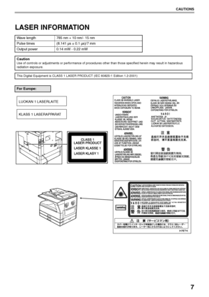 Page 97
CAUTIONS
LASER INFORMATION
Wave length 785 nm + 10 nm/- 15 nm
Pulse times (8.141 µs ± 0.1 µs)/7 mm
Output power 0.14 mW - 0.22 mW
Caution
Use of controls or adjustments or performance of procedures other than those specified herein may result in hazardous 
radiation exposure.
This Digital Equipment is CLASS 1 LASER PRODUCT (IEC 60825-1 Edition 1.2-2001)
For Europe:
LUOKAN 1 LASERLAITE
KLASS 1 LASERAPPARAT
Downloaded From ManualsPrinter.com Manuals 