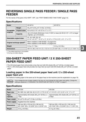 Page 4341
PERIPHERAL DEVICES AND SUPPLIES
3
REVERSING SINGLE PASS FEEDER / SINGLE PASS 
FEEDER
For the names of the parts of the RSPF / SPF, see PART NAMES AND FUNCTIONS (page 12).
Specifications
*1 Two-sided scanning is not possible.
*2 During one-sided copying
250-SHEET PAPER FEED UNIT / 2 X 250-SHEET 
PAPER FEED UNIT
 The 250-sheet paper feed unit provides a tray that can hold 250 sheets (80 g/m2 (20 lbs.)) of plain paper.
 The 2 x 250-sheet paper feed unit provides two trays that can each hold 250 sheets...