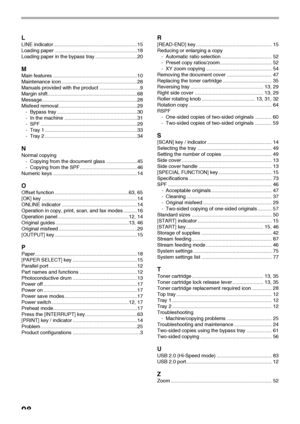 Page 100
98
L
LINE indicator............................................................15
Loading paper ...........................................................18
Loading paper in the bypass tray ..............................20
M
Main features ............................................................10
Maintenance icon ......................................................28
Manuals provided with the product .............................9
Margin...