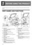 Page 1412
1
BEFORE USING THE PRODUCT
This chapter contains basic information required for use of the machine. Please read this chapter before using the 
machine.
PART NAMES AND FUNCTIONS
(1) USB 2.0 port
Connect to your computer to this port to use the 
printer and scanner functions.
(2) Charger cleaner
Use to clean the transfer charger.
(3) Glass cleaner
Use to clean the original scanning glass.
(4) Document glass
Place an original that you wish to scan face down 
here. (Page 45)
(5) Handles
Use to move the...