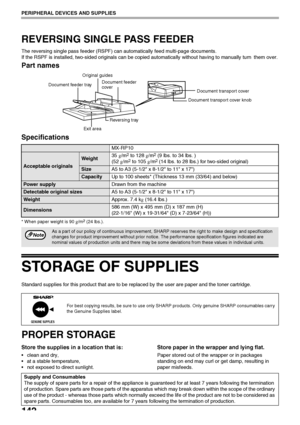 Page 144142
PERIPHERAL DEVICES AND SUPPLIES
REVERSING SINGLE PASS FEEDER
The reversing single pass feeder (RSPF) can automatically feed multi-page documents.
If the RSPF is installed, two-sided originals can be copied automatically without having to manually turn them over.
Part names
Specifications
* When paper weight is 90 g/m2 (24 lbs.).
STORAGE OF SUPPLIES
Standard supplies for this product that are to be replaced by the user are paper and the toner cartridge.
PROPER STORAGE
Store the supplies in a location...