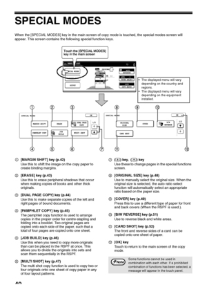 Page 4240
SPECIAL MODES
When the [SPECIAL MODES] key in the main screen of copy mode is touched, the special modes screen will 
appear. This screen contains the following special function keys.
[MARGIN SHIFT] key (p.42)
Use this to shift the image on the copy paper to 
create binding margins.
[ERASE] key (p.43)
Use this to erase peripheral shadows that occur 
when making copies of books and other thick 
originals.
[DUAL PAGE COPY] key (p.44)
Use this to make separate copies of the left and 
right pages of bound...