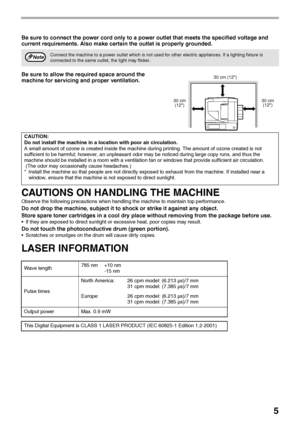 Page 75
Be sure to connect the power cord only to a power outlet that meets the specified voltage and 
current requirements. Also make certain the outlet is properly grounded.
Be sure to allow the required space around the 
machine for servicing and proper ventilation.
CAUTIONS ON HANDLING THE MACHINE
Observe the following precautions when handling the machine to maintain top performance. 
Do not drop the machine, subject it to shock or strike it against any object.
Store spare toner cartridges in a cool dry...