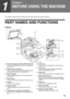 Page 119
1
Chapter 1
BEFORE USING THE MACHINE
This chapter contains basic information that should be read before using the machine.
PART NAMES AND FUNCTIONS
Exterior
Reversing single pass feeder (RSPF) (optional)
Place the original(s) that you wish to scan face up
here. (p.24)
Document cover (optional)
Place an original on the document glass and close 
the document cover before copying starts.
Document glass
Place an original that you wish to scan face down 
here. (p.23)
Powe r switch
Press to turn the machine...