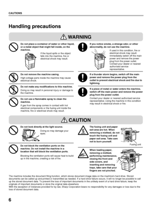 Page 86
CAUTIONS
Handling precautions
WARNING
Do not place a container of water or other liquid, 
or a metal object that might fall inside, on the 
machine.If the liquid spills or the object 
falls into the machine, fire or 
electrical shock may result. If you notice smoke, a strange odor, or other 
abnormality, do not use the machine.
If used in this condition, fire or 
electrical shock may result.
Immediately switch off the main 
power and remove the power 
plug from the power outlet. 
Contact your dealer or...