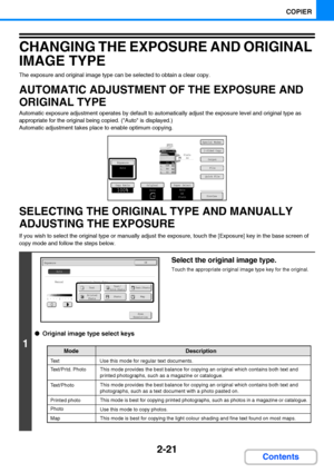 Page 1332-21
COPIER
Contents
CHANGING THE EXPOSURE AND ORIGINAL 
IMAGE TYPE
The exposure and original image type can be selected to obtain a clear copy.
AUTOMATIC ADJUSTMENT OF THE EXPOSURE AND 
ORIGINAL TYPE
Automatic exposure adjustment operates by default to automatically adjust the exposure level and original type as 
appropriate for the original being copied. (Auto is displayed.)
Automatic adjustment takes place to enable optimum copying.
SELECTING THE ORIGINAL TYPE AND MANUALLY 
ADJUSTING THE EXPOSURE
If...