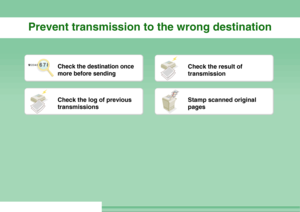 Page 21Prevent transmission to the wrong destination
Check the destination once 
more before sending
Check the result of 
transmission
Check the log of previous 
transmissions
Stamp scanned original 
pages
Downloaded From ManualsPrinter.com Manuals 