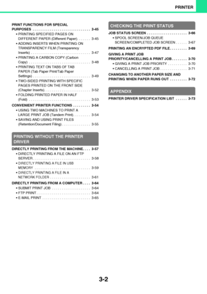 Page 2593-2
PRINTER
PRINT FUNCTIONS FOR SPECIAL 
PURPOSES  . . . . . . . . . . . . . . . . . . . . . . . . . . . . . .  3-45
 PRINTING SPECIFIED PAGES ON 
DIFFERENT PAPER (Different Paper). . . . . . .  3-45
 ADDING INSERTS WHEN PRINTING ON 
TRANSPARENCY FILM (Transparency 
Inserts) . . . . . . . . . . . . . . . . . . . . . . . . . . . . . . .  3-47
 PRINTING A CARBON COPY (Carbon 
Copy)  . . . . . . . . . . . . . . . . . . . . . . . . . . . . . . . .  3-48
 PRINTING TEXT ON TABS OF TAB 
PAPER (Tab Paper...