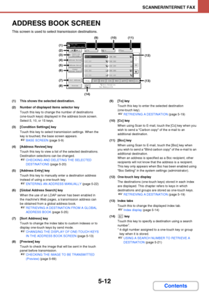 Page 4795-12
SCANNER/INTERNET FAX
Contents
ADDRESS BOOK SCREEN
This screen is used to select transmission destinations.
(1) This shows the selected destination.
(2) Number of displayed items selector key
Touch this key to change the number of destinations 
(one-touch keys) displayed in the address book screen. 
Select 5, 10, or 15 keys.
(3) [Condition Settings] key
Touch this key to select transmission settings. When the 
key is touched, the base screen appears.
☞BASE SCREEN (page 5-9)
(4) [Address Review] key...
