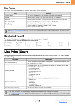 Page 6597-12
SYSTEM SETTINGS
Contents Date Format
The format used to print the date on lists and other output can be changed.
Keyboard Select
The layout of the keyboard that appears in text entry screens can be changed.
The keyboard layouts that can be selected are shown below.
List Print (User)
Lists showing the settings and information stored in the machine can be printed. Touch the [List Print (User)] key and 
select the settings.
ItemSettings
Current SettingThe current time appears in the format set in the...