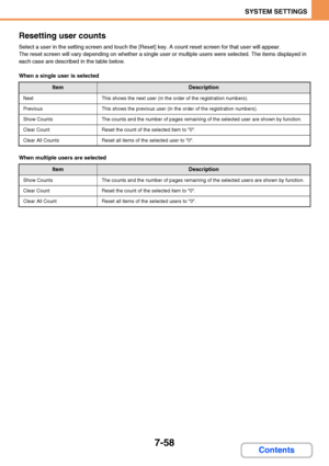 Page 7057-58
SYSTEM SETTINGS
Contents Resetting user counts
Select a user in the setting screen and touch the [Reset] key. A count reset screen for that user will appear.
The reset screen will vary depending on whether a single user or multiple users were selected. The items displayed in 
each case are described in the table below.
When a single user is selected
When multiple users are selected
ItemDescription
NextThis shows the next user (in the order of the registration numbers).
PreviousThis shows the...