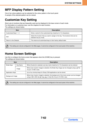 Page 7097-62
SYSTEM SETTINGS
Contents
MFP Display Pattern Setting
One of six colour patterns can be selected for the colour pattern in the touch panel.
A sample of the selected pattern can be viewed.
Customize Key Setting
Short-cuts to functions that are frequently used can be displayed in the base screen of each mode.
For information on customize keys, see the chapters for each function.
The settings are shown below.
Home Screen Settings
Use this to configure the home screen that appears when the [HOME] key is...