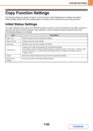 Page 7167-69
SYSTEM SETTINGS
Contents
Copy Function Settings
The following settings are related to copying. Touch the [Copy Function Settings] key to configure the settings.
Default settings selected with these settings apply to all functions of the machine (not just the copy function).
Initial Status Settings
The copier settings are reset when the [POWER] key ( ) is turned on, when the [CLEAR ALL] key ( ) is pressed, or 
when the auto clear interval has elapsed. These settings are used to change the default...