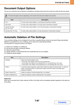 Page 7347-87
SYSTEM SETTINGS
Contents
Document Output Options
The use of a stored file can be allowed or prohibited by operation type and by the mode from which the file was stored.
Automatic Deletion of File Settings
Time and folder settings can be configured to have files in specified folders (stored by document filing) automatically 
deleted at a specified time. Up to 3 settings can be stored to be automatically deleted.
The procedure for using this function is as follows:
(1) Select one of [Setting 1] to...