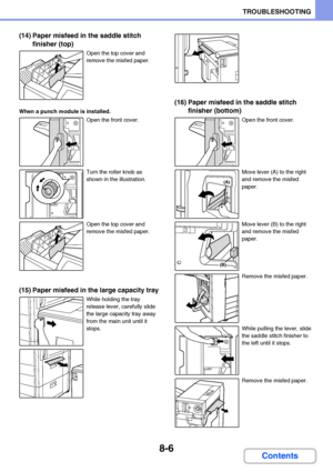 Page 7648-6
TROUBLESHOOTING
Contents
(14) Paper misfeed in the saddle stitch 
finisher (top)
Open the top cover and 
remove the misfed paper.
When a punch module is installed.
Open the front cover.
Turn the roller knob as 
shown in the illustration.
Open the top cover and 
remove the misfed paper.
(15) Paper misfeed in the large capacity tray
While holding the tray 
release lever, carefully slide 
the large capacity tray away 
from the main unit until it 
stops.
(16) Paper misfeed in the saddle stitch 
finisher...