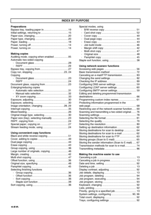 Page 152150
Preparations
Bypass tray, loading paper in ...................................19
Initial settings, returning to .......................................15
Paper size, changing................................................20
Paper type, changing ...............................................20
Paper, loading ..........................................................18
Power, turning off .....................................................14
Power, turning on...