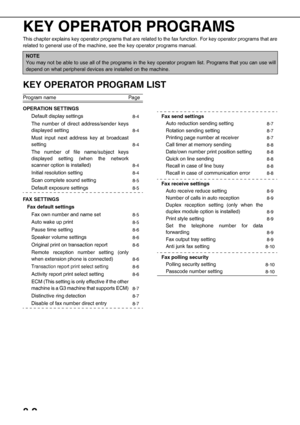 Page 928-2
KEY OPERATOR PROGRAMS
This chapter explains key operator programs that are related to the fax function. For key operator programs that are
related to general use of the machine, see the key operator programs manual.
KEY OPERATOR PROGRAM LIST
NOTE
You may not be able to use all of the programs in the key operator program list. Programs that you can use will
depend on what peripheral devices are installed on the machine.
Program name Page
OPERATION SETTINGS
Default display settings
8-4
The number of...