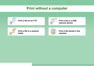 Page 12Print without a computer
FTP
Print a file on an FTP
Print a file in a USB 
memory device
Print a file in a network 
folder
Print a file stored in the 
machine
Downloaded From ManualsPrinter.com Manuals 