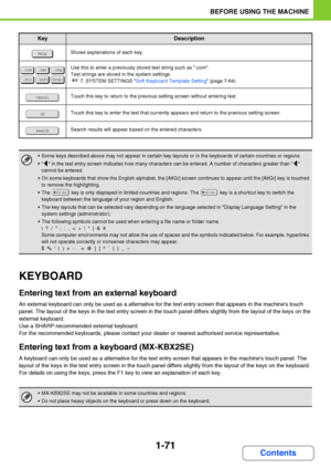 Page 112
1-71
BEFORE USING THE MACHINE
Contents
KEYBOARD
Entering text from an external keyboard
An external keyboard can only be used as a alternative for the text entry screen that appears in the machines touch 
panel. The layout of the keys in the text entry screen in the touch panel differs slightly from the layout of the keys on the 
external keyboard.
Use a SHARP-recommended external keyboard.
For the recommended keyboards, please contact your dealer or nearest authorised service representative.
Entering...