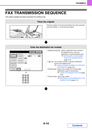 Page 3454-14
FACSIMILE
Contents
FAX TRANSMISSION SEQUENCE
This section explains the basic procedure for sending a fax.
Place the original.
Place the original in the document feeder tray of the automatic 
document feeder, or on the document glass.
Enter the destination fax number
or [Address Book] key: Select a destination that is stored in 
the address book or look up a 
destination in a global address book.
☞RETRIEVING A FAX NUMBER 
FROM THE ADDRESS BOOK 
(page 4-18)
  key: Use a search number to specify a...