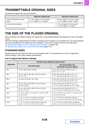 Page 3604-29
FACSIMILE
Contents
TRANSMITTABLE ORIGINAL SIZES
The following original sizes can be transmitted.
*A long original can be transmitted.
THE SIZE OF THE PLACED ORIGINAL
When a standard size original is placed, the original size is automatically detected and displayed in Scan in the base 
screen.
When the automatic original detection function is operating and the original is a non-standard size, the closest standard 
size may be displayed or the original size may not appear. In this event, manually set...