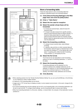 Page 3994-68
FACSIMILE
Contents
3
Store a forwarding table.
Follow the steps below to store a forwarding table that 
combines a specified sender and forwarding address.
(1) Click [Inbound Routing Settings] in the Web 
page menu and click the [Add] button.
(2) Enter a Table Name.
(3) Select the line used for reception.
(4) Select the sender whose faxes will be 
forwarded.
 To forward all received faxes, select [Forward All 
Received Data].
 To forward only data received from specific senders, 
select [Forward...