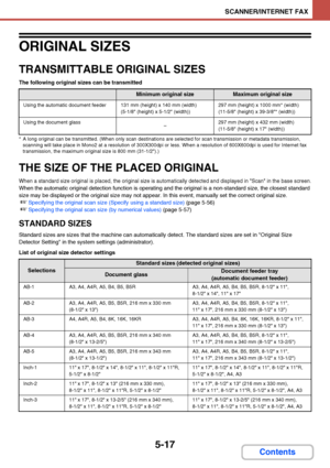 Page 4845-17
SCANNER/INTERNET FAX
Contents
ORIGINAL SIZES
TRANSMITTABLE ORIGINAL SIZES
The following original sizes can be transmitted
* A long original can be transmitted. (When only scan destinations are selected for scan transmission or metadata transmission, 
scanning will take place in Mono2 at a resolution of 300X300dpi or less. When a resolution of 600X600dpi is used for Internet fax 
transmission, the maximum original size is 800 mm (31-1/2).)
THE SIZE OF THE PLACED ORIGINAL
When a standard size original...