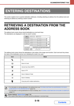 Page 4855-18
SCANNER/INTERNET FAX
Contents
This section explains how to specify destination addresses, including selecting an address from the address book and 
retrieving an address by entering a search number.
RETRIEVING A DESTINATION FROM THE 
ADDRESS BOOK
The address book screen shows stored destinations as one-touch keys.
The destinations are displayed in order by search number.
The address book screen shows the destinations of all modes of the image send function. Each one-touch key shows 
the name of the...