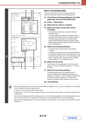 Page 5845-117
SCANNER/INTERNET FAX
Contents
3
Store a forwarding table.
Follow the steps below to store a forwarding table that 
combines a specified sender and forwarding address.
(1) Click [Inbound Routing Settings] in the Web 
page menu and click the [Add] button.
(2) Enter a Table Name.
(3) Select the line used for reception.
(4) Select the sender whose faxes will be 
forwarded.
 To forward all received faxes, select [Forward All 
Received Data].
 To forward only data received from specific senders,
select...