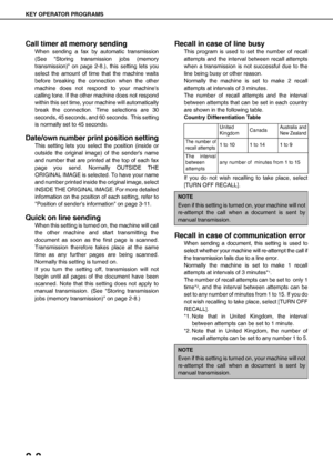 Page 98KEY OPERATOR PROGRAMS
8-8
Call timer at memory sending
When sending a fax by automatic transmission
(See Storing transmission jobs (memory
transmission) on page 2-8.), this setting lets you
select the amount of time that the machine waits
before breaking the connection when the other
machine does not respond to your machines
calling tone. If the other machine does not respond
within this set time, your machine will automatically
break the connection. Time selections are 30
seconds, 45 seconds, and 60...