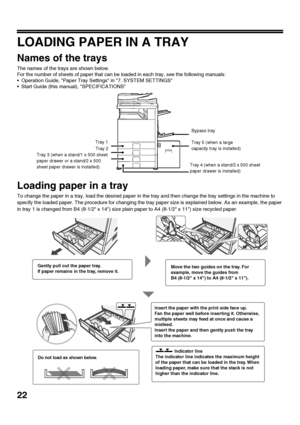 Page 2422
LOADING PAPER IN A TRAY
Names of the trays
The names of the trays are shown below.
For the number of sheets of paper that can be loaded in each tray, see the following manuals:
 Operation Guide, Paper Tray Settings in 7. SYSTEM SETTINGS
 Start Guide (this manual), SPECIFICATIONS
Loading paper in a tray
To change the paper in a tray, load the desired paper in the tray and then change the tray settings in the machine to 
specify the loaded paper. The procedure for changing the tray paper size is...