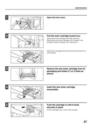 Page 3937
MAINTENANCE
1Open the front cover.
2Pull the toner cartridge toward you.
Gently pull the toner cartridge horizontally toward you.
When pulling out the toner cartridge, pull it out gently. If the 
cartridge is pulled out abruptly, toner may spill out.
Hold the toner cartridge with both hands as shown and pull it out 
of the machine.
3Remove the new toner cartridge from its 
packaging and shake it 5 or 6 times as 
shown.
4Insert the new toner cartridge 
horizontally. 
5Push the cartridge in until it...