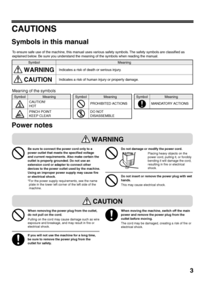 Page 53
CAUTIONS
Symbols in this manual
Power notes
To ensure safe use of the machine, this manual uses various safety symbols. The safety symbols are classified as 
explained below. Be sure you understand the meaning of the symbols when reading the manual.
Indicates a risk of death or serious injury.
Indicates a risk of human injury or property dama ge.
WARNING
CAUTION
Symbol Meaning
PINCH POINT
KEEP CLEAR
Symbol
CAUTION!
HOT
Meaning
DO NOT
DISASSEMBLE
Symbol
Meaning
PROHIBITED ACTIONSSymbolMeaning
MANDATORY...