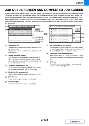 Page 2442-132
COPIER
Contents
JOB QUEUE SCREEN AND COMPLETED JOB SCREEN
The job status screen consists of the job queue screen that shows copy and print jobs waiting to be printed and the job 
currently in progress, the completed job screen that shows jobs that have been completed, and the spool screen that 
shows print jobs that have been spooled and encrypted PDF jobs that are waiting for a password to be entered. This 
section explains the job queue screen and the completed jobs screen, which are related to...