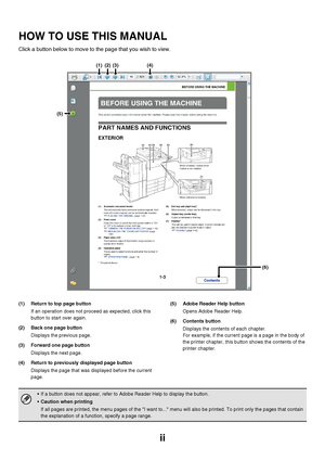 Page 39ii
HOW TO USE THIS MANUAL
Click a button below to move to the page that you wish to view.
(1) Return to top page button
If an operation does not proceed as expected, click this 
button to start over again.
(2) Back one page button
Displays the previous page.
(3) Forward one page button
Displays the next page.
(4) Return to previously displayed page button
Displays the page that was displayed before the current 
page.(5) Adobe Reader Help button
Opens Adobe Reader Help.
(6) Contents button
Displays the...