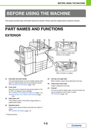 Page 441-3
BEFORE USING THE MACHINE
Contents
This section provides basic information about the machine. Please read this chapter before using the machine.
PART NAMES AND FUNCTIONS
EXTERIOR
(1) Automatic document feeder
This automatically feeds and scans multiple originals. Both 
sides of 2-sided originals can be automatically scanned.
☞PLACING THE ORIGINAL (page 1-38)
(2) Front cover
Open this cover to switch the main power switch to On 
or Off or to replace a toner cartridge.
☞TURNING THE POWER ON AND OFF...