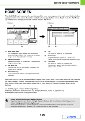 Page 631-22
BEFORE USING THE MACHINE
Contents
HOME SCREEN
When the [HOME] key is pressed on the operation panel, the home screen appears in the touch panel. Mode selection 
keys appear in the home screen. These keys can be touched to open the base screen of each mode. The [My Menu] 
key can be touched to display shortcuts to functions stored in My Menu.
(1) Mode select keys
Use these keys to switch between copy, image send, 
document filing, and Sharp OSA modes. Key names and 
images can be changed. (1st screen...